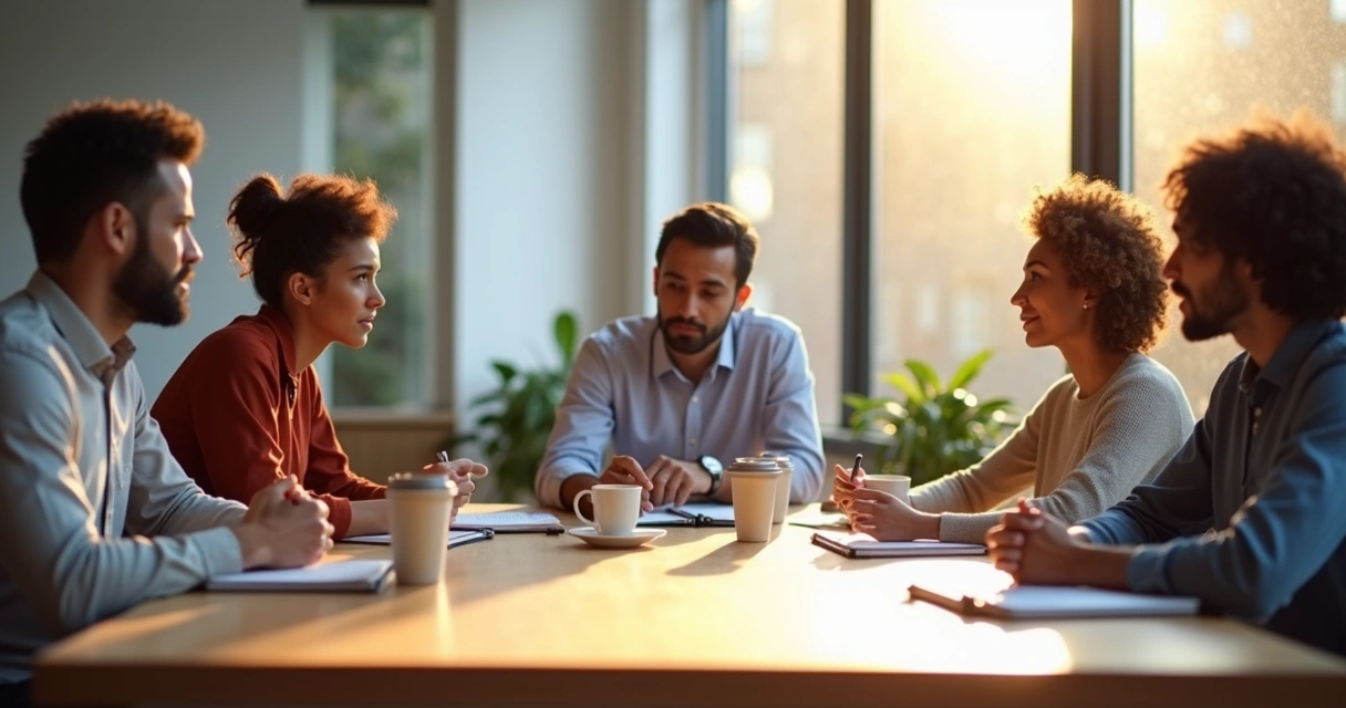 Personas de diferentes edades sentadas en una sala de reuniones, interactuando y mostrando diferentes emociones 