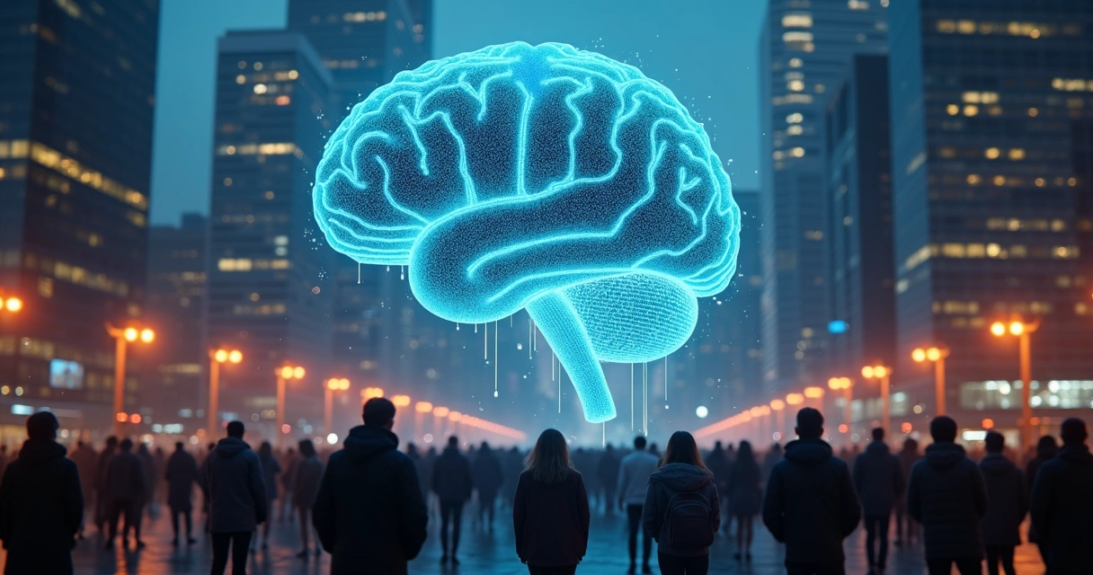 Multitud conectada a una gran inteligencia artificial luminosa en una ciudad nocturna 