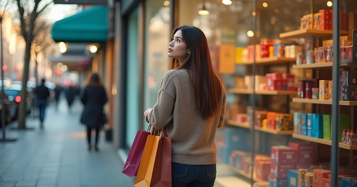 Persona mirando un escaparate de tienda con cara de indecisión