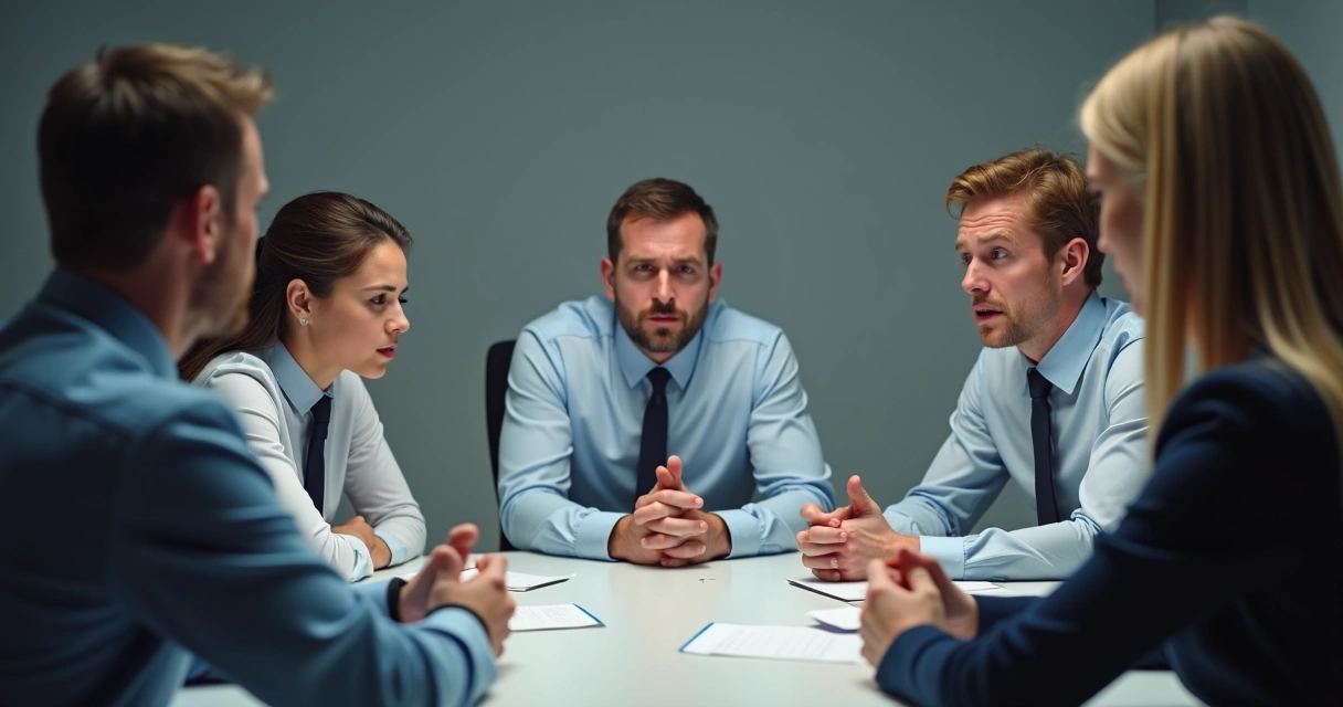 Personas sentadas alrededor de una mesa en discusión, expresando distintas emociones como enojo, tristeza y serenidad