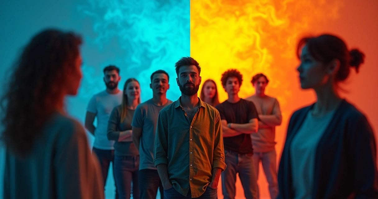 Grupo de personas mirando en diferentes direcciones en una habitación claramente dividida por colores cálidos y fríos, sugiriendo distintas emociones 