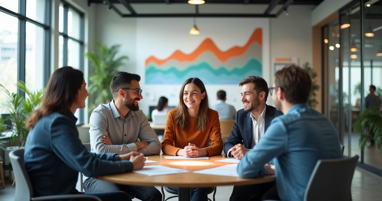 Equipo de trabajo en oficina moderna con colores que representan diferentes emociones 