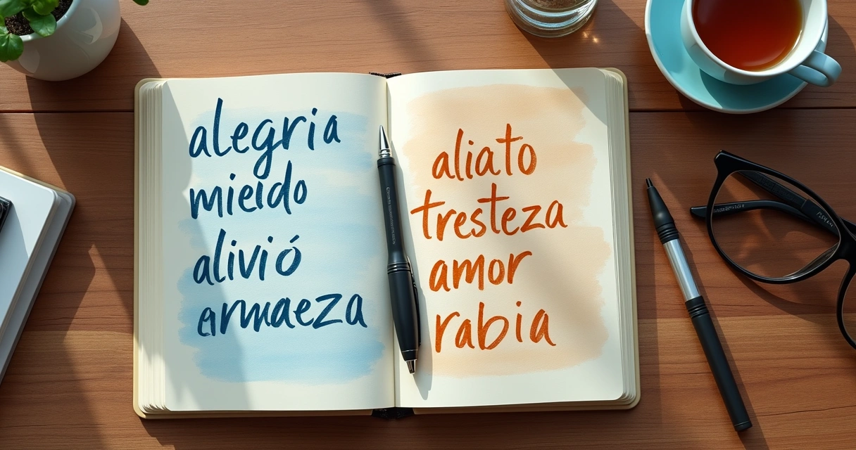 Cuaderno con palabras emocionales y dos colores contrastantes