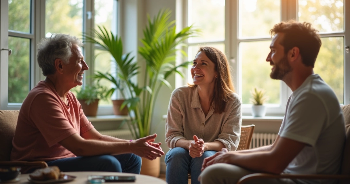 Tres personas sentadas conversando en círculo en una sala iluminada 