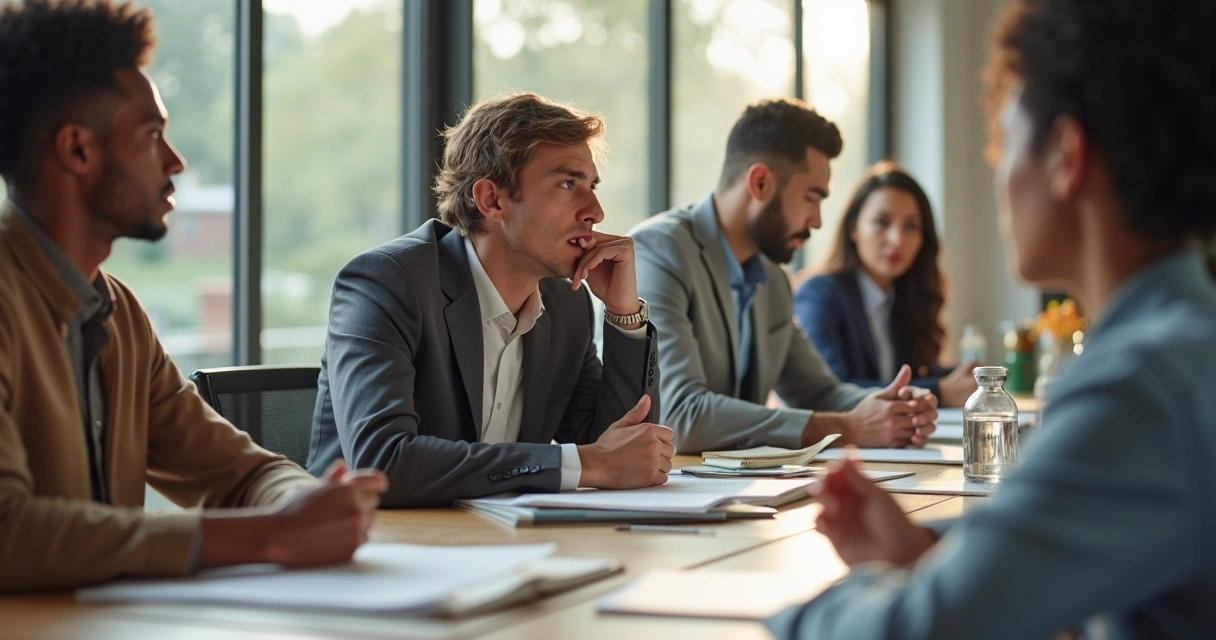 Integrantes de un equipo mostrando emociones diversas en una reunión