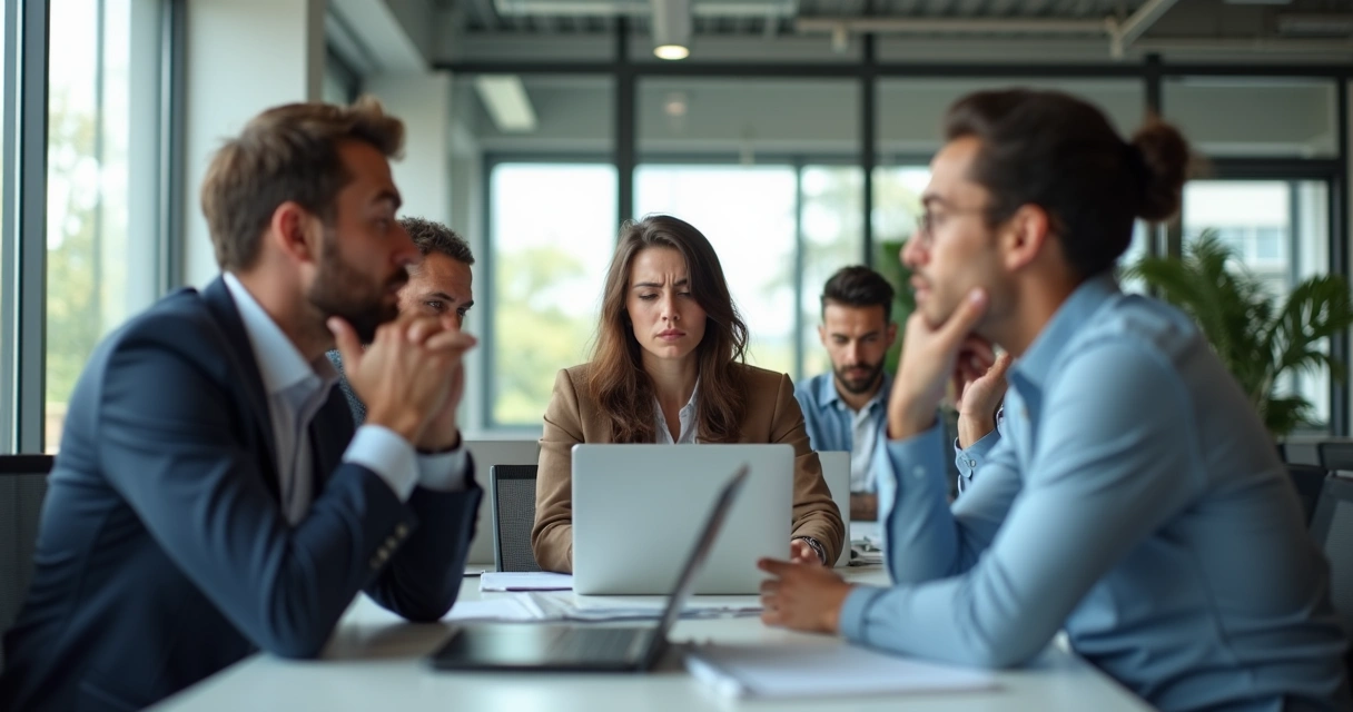Grupo de empleados en oficina mostrando diferentes emociones 