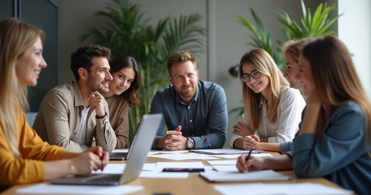 Diversos miembros de un equipo de oficina mostrando expresiones emocionales variadas en una sala de reuniones. 