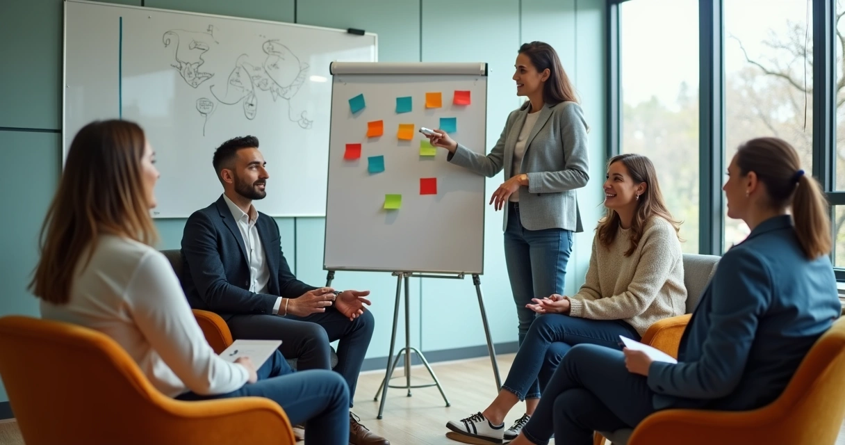Reunión de equipo gestionando emociones en ambiente positivo