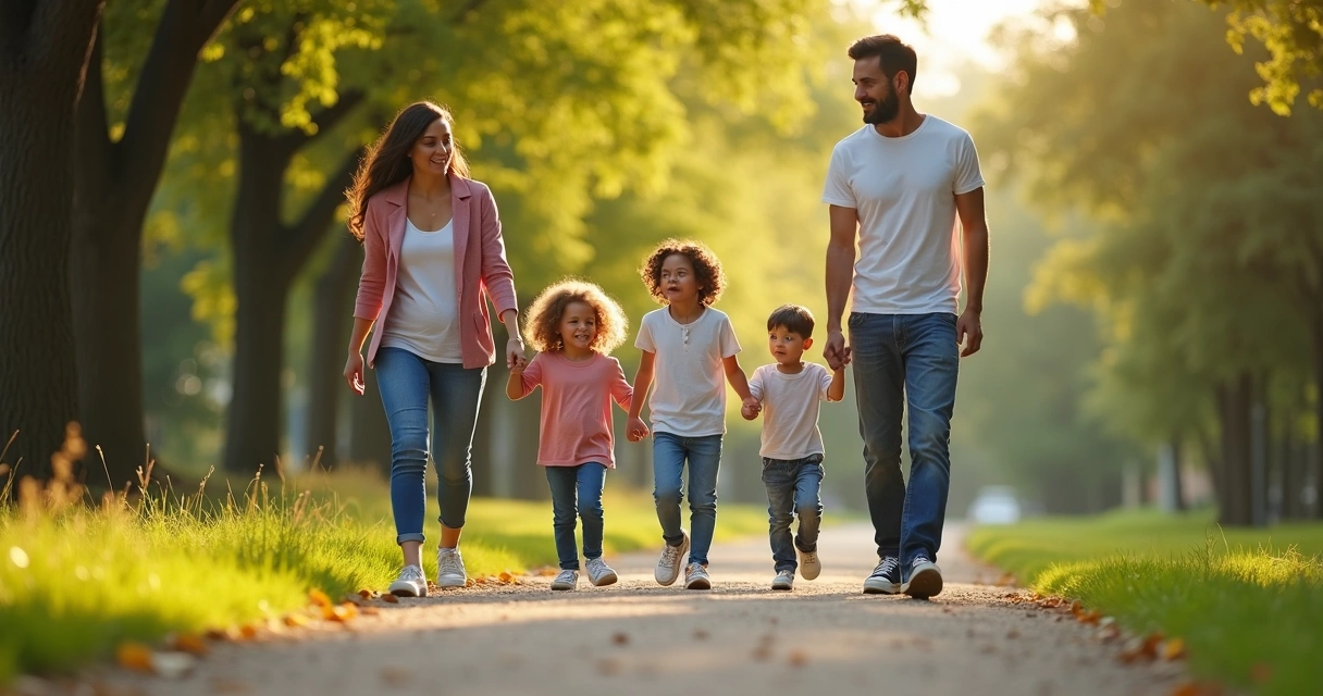 Familia caminando junta mostrando cercanía y diversidad emocional 