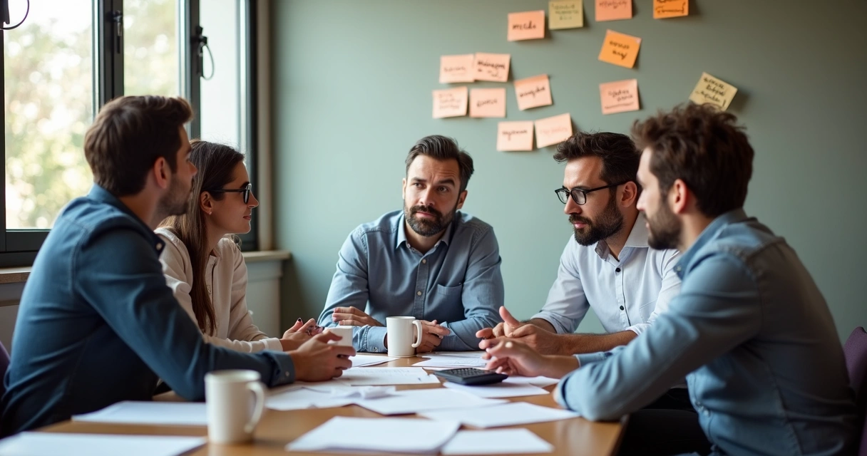 Personas sentadas alrededor de una mesa discutiendo emociones en finanzas 
