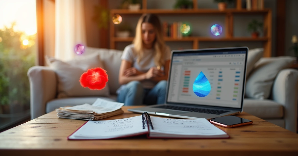 Adulto revisando gráficos financieros con formas emocionales flotando sobre la mesa 