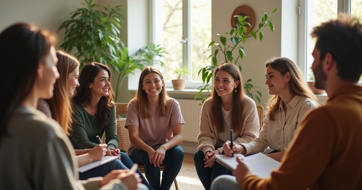 Personas sentadas en círculo conversando mientras transmiten diferentes emociones