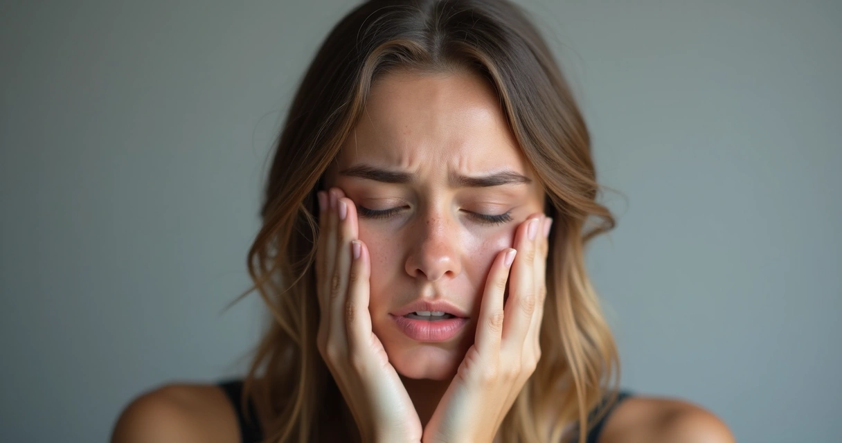 Manos cubriendo parcialmente un rostro con expresiones emocionales superpuestas