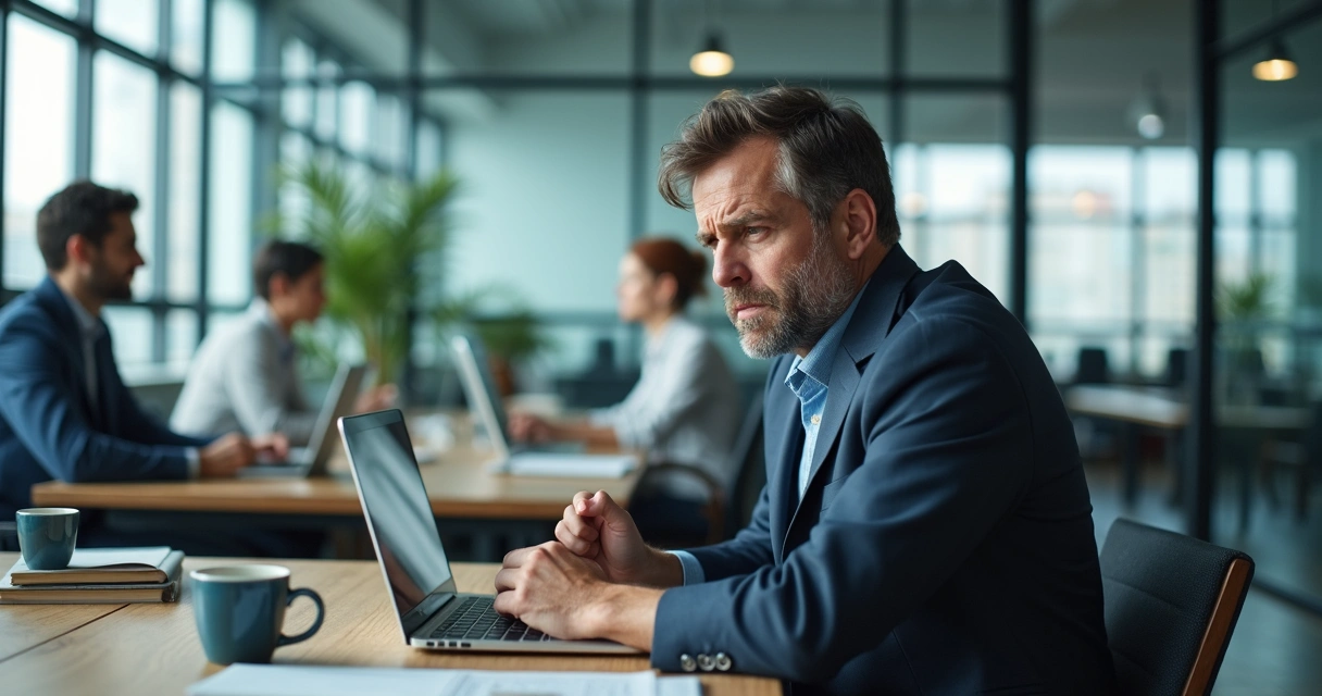 Profesional en oficina con expresión contenida mientras su equipo trabaja en segundo plano 