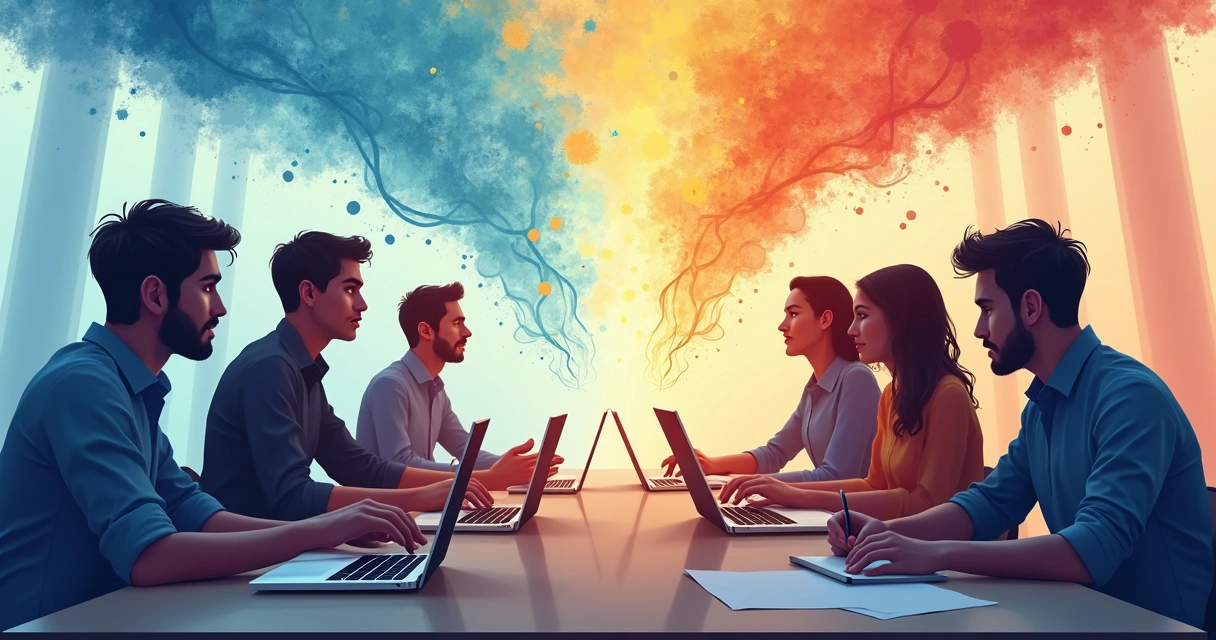 Ilustración de emociones fluyendo entre personas en un proyecto colaborativo