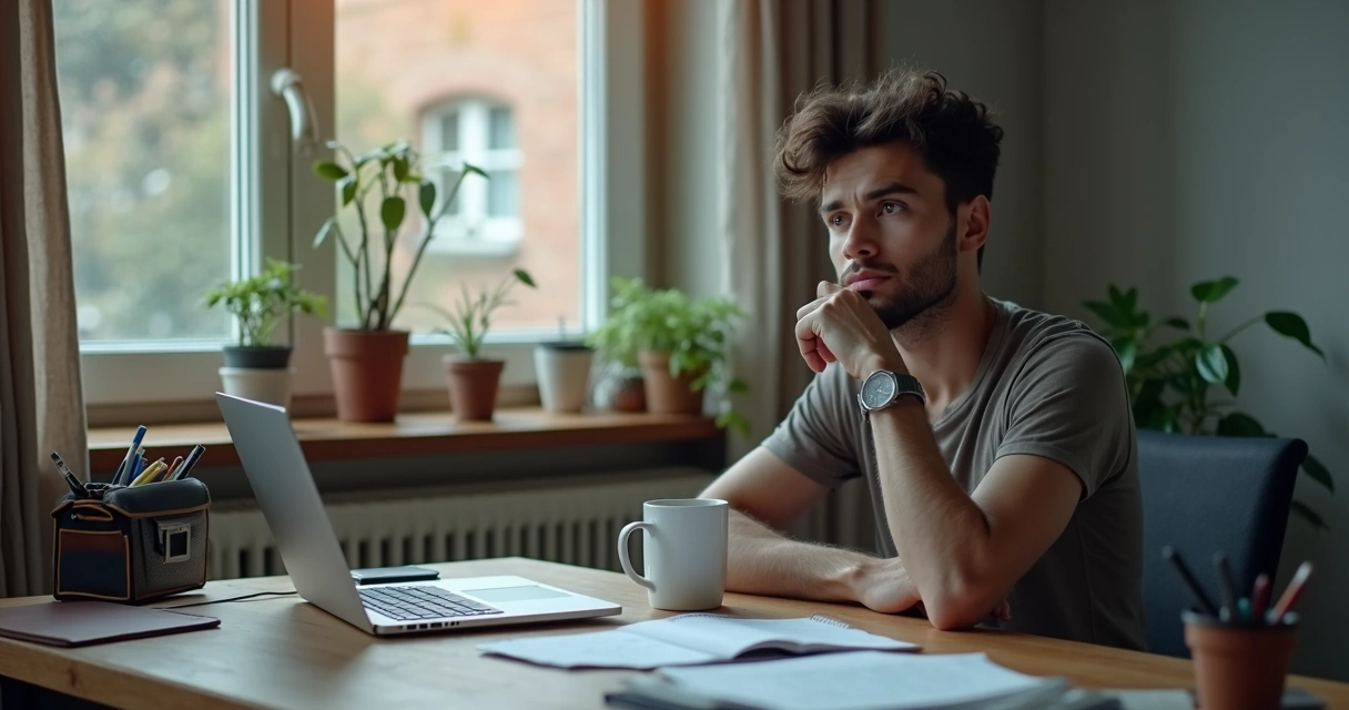 Trabajador remoto reflexionando sobre emociones en casa