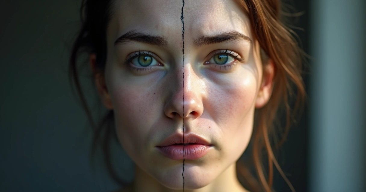 Rostro dividido que contrasta emociones reprimidas con emociones reguladas 