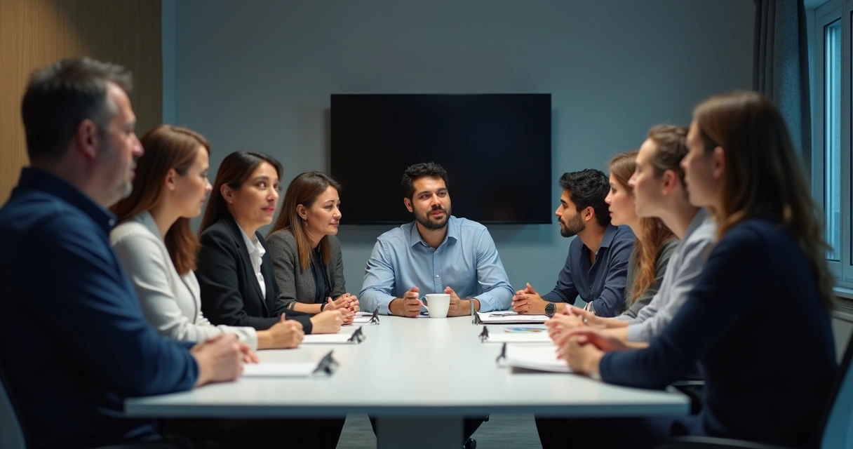 Colaboradores expresando diferentes emociones durante una reunión de trabajo.