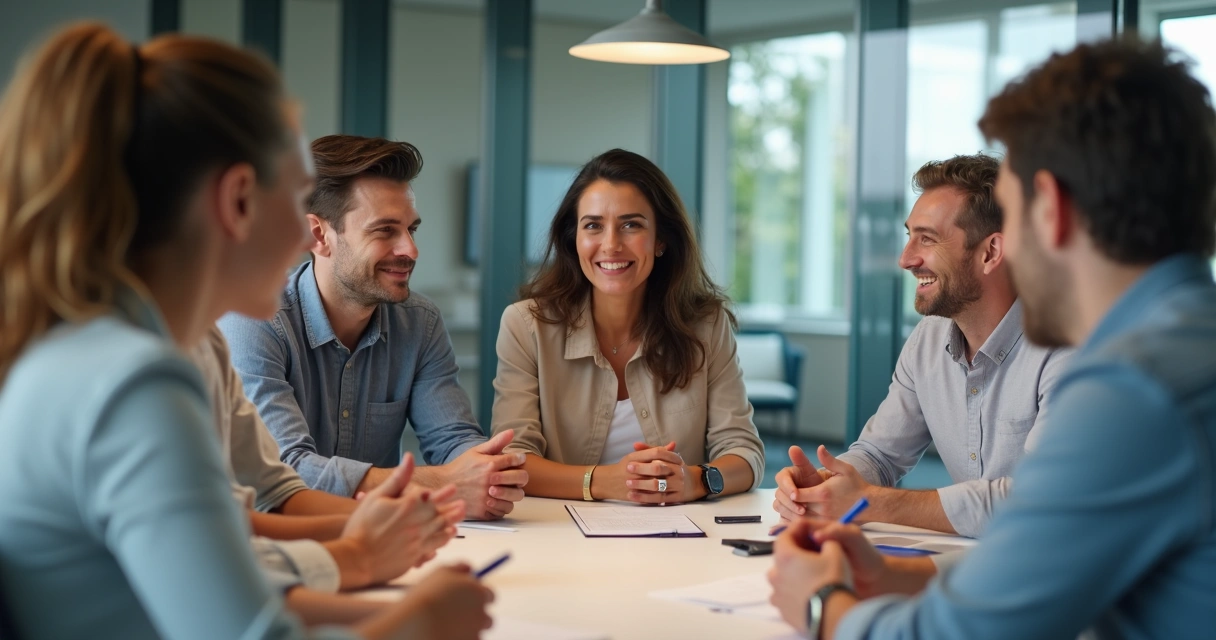 Personas reunidas alrededor de una mesa, conversando y mostrando diferentes expresiones emocionales. 