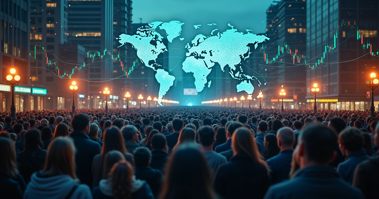Multidão conectada sobreposta a gráficos econômicos globais 