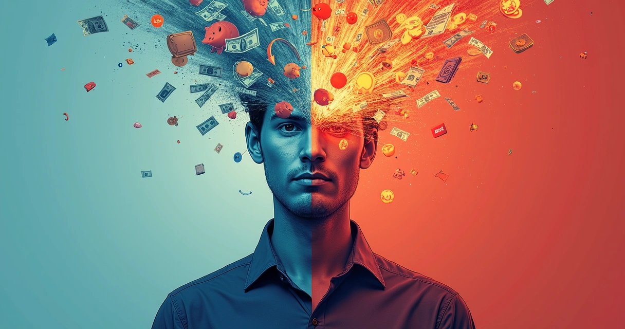 Ilustração de uma pessoa pensativa, dividida entre símbolos de dinheiro e emoções como raiva, tristeza e ansiedade 