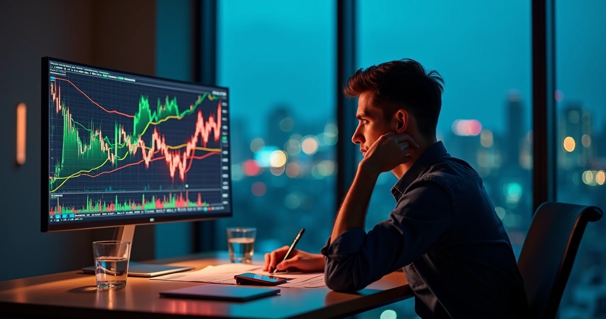 Pessoa diante de tela com gráficos financeiros avaliando decisão arriscada 