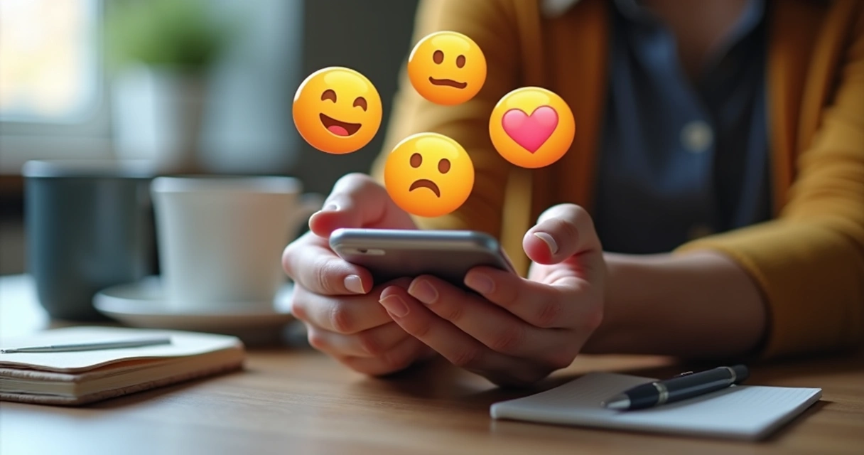 Mãos segurando celular com emoticons flutuando na tela 