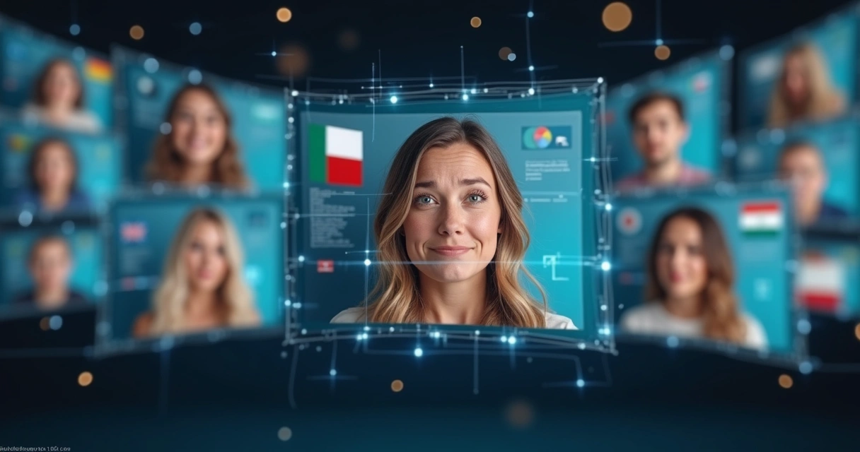Múltiplos rostos expressando emoções variadas em telas digitais, com bandeiras de diferentes países ao fundo 