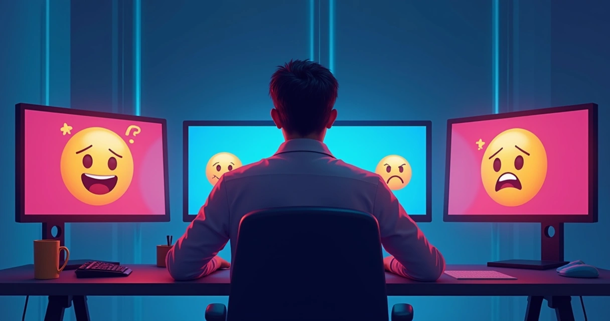Pessoa olhando para telas divididas com emoções contrastantes 