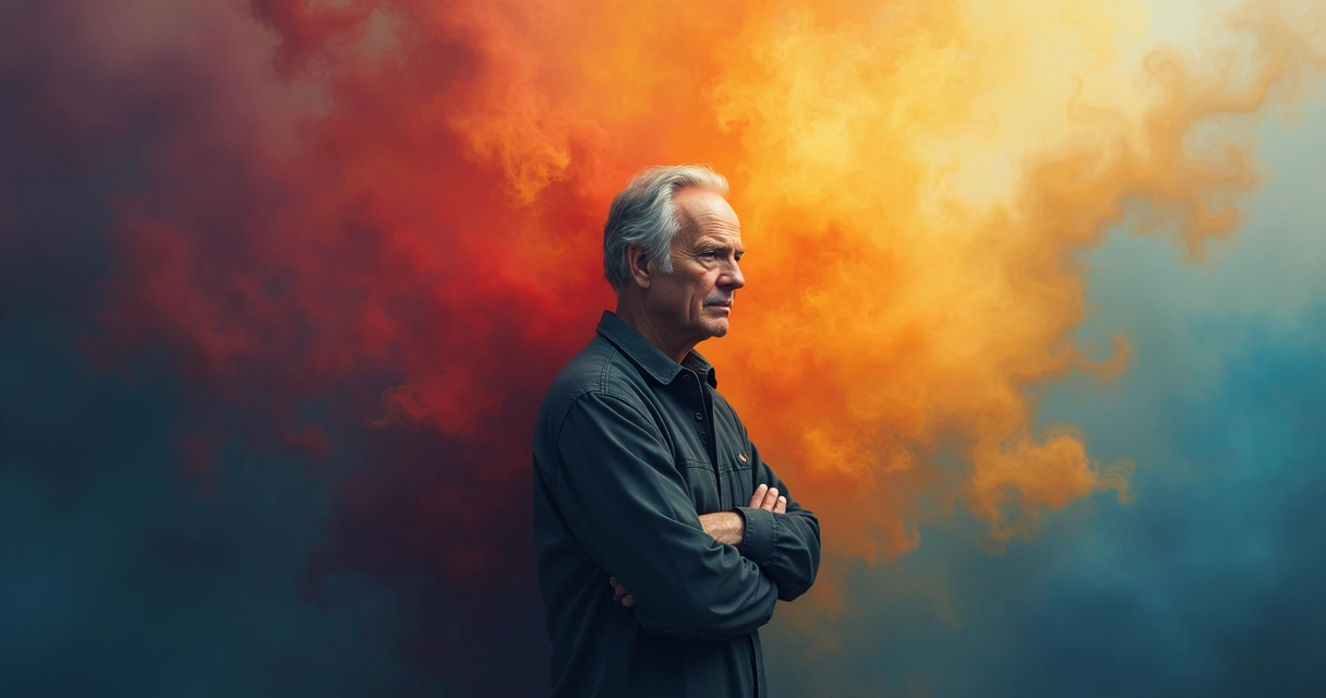 Pessoa contemplando várias emoções representadas por cores ao redor 