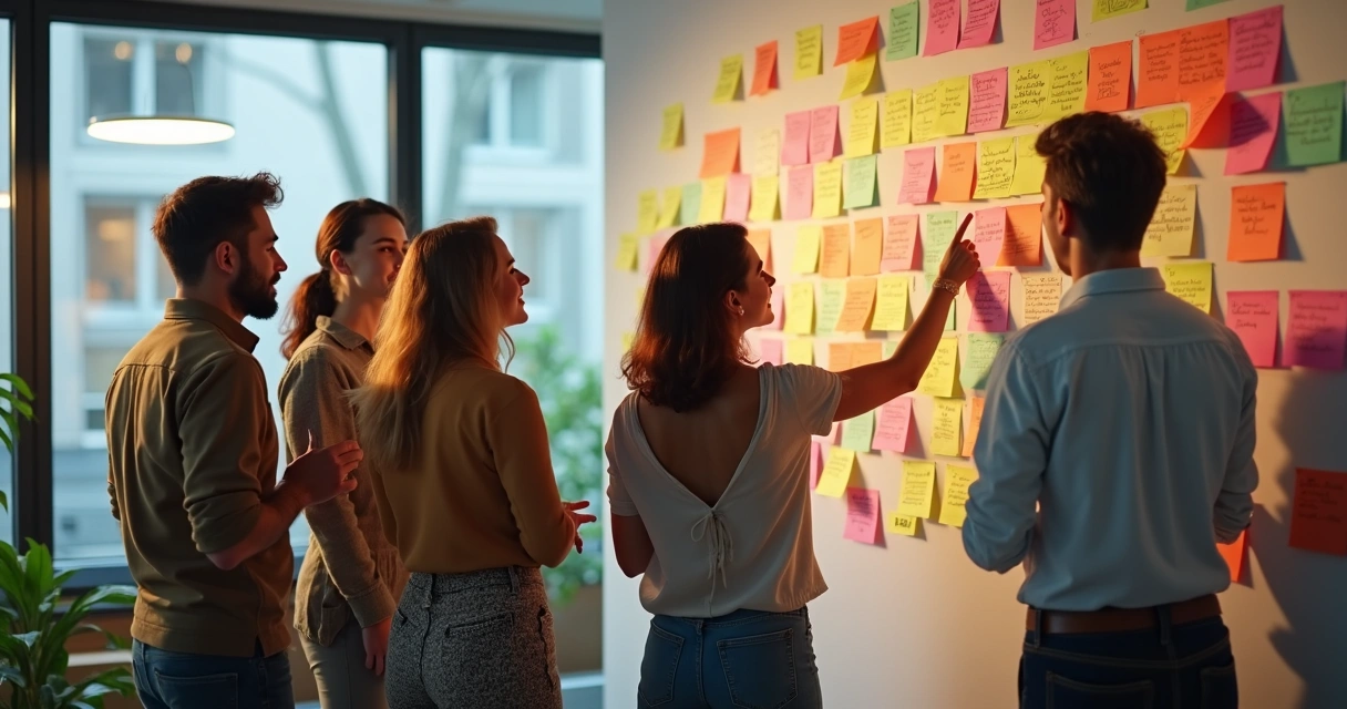 Equipe criativa olhando pensamentos escritos em papéis coloridos na parede 