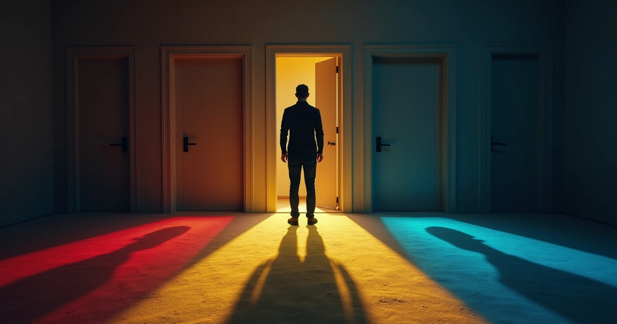 Silhueta de pessoa diante de portas fechadas, com sombras coloridas representando emoções internas em fundo escuro.