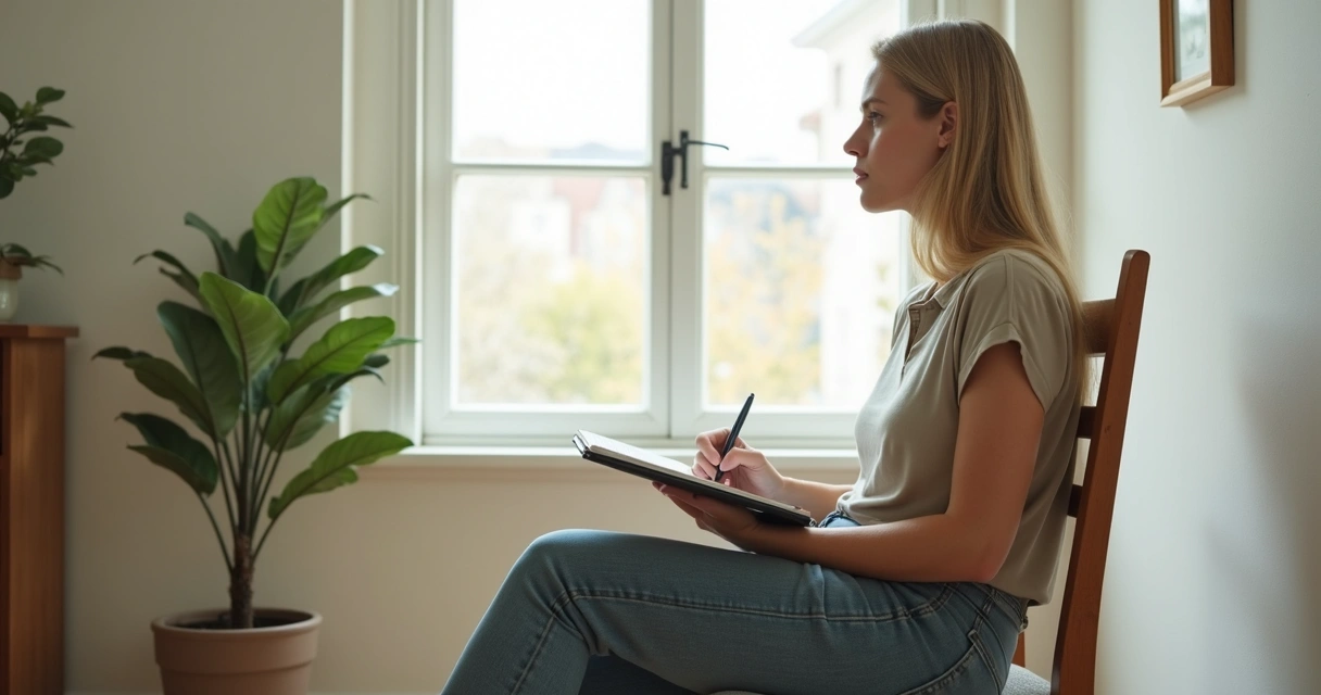 Pessoa refletindo em ambiente tranquilo, sentado em cadeira de madeira clara ao lado de janela com luz natural 