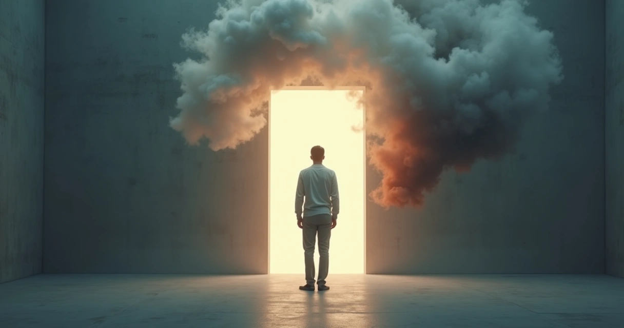 Figura em sala escura cercada por nuvens coloridas que escondem uma porta luminosa ao fundo 