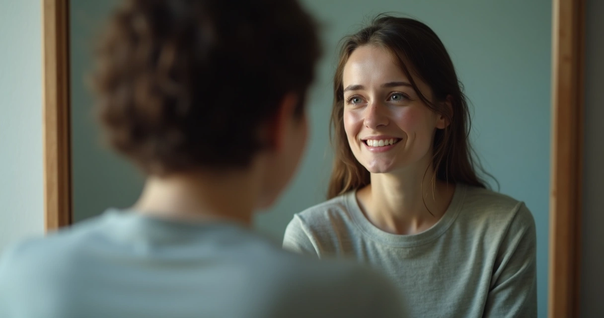 Pessoa refletindo diante do espelho, rosto dividido entre alegria e tristeza 