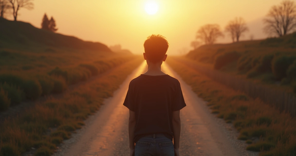 Pessoa diante de caminho dividido com silhueta sombria às costas 