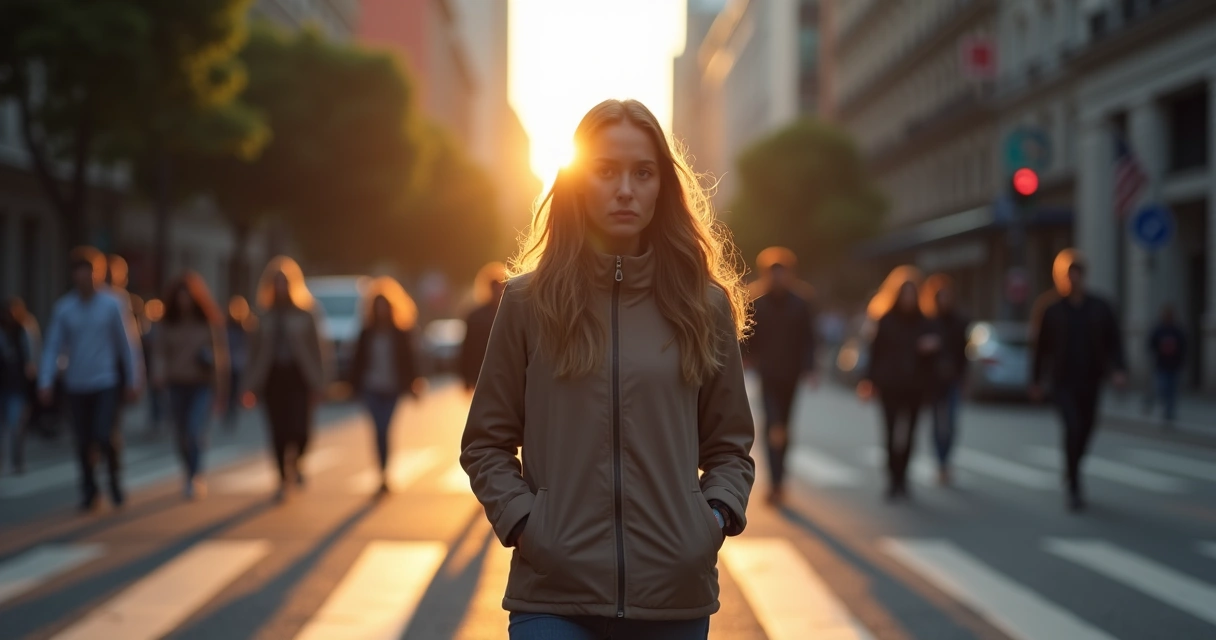 Pessoa parada em cruzamento de cidade com silhueta colorida projetada no chão 