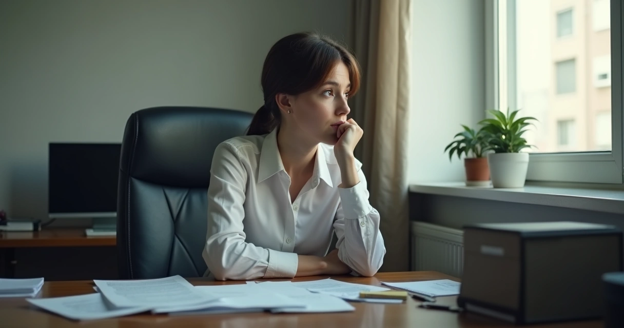 Pessoa em um escritório olhando para fora da janela pensativa 