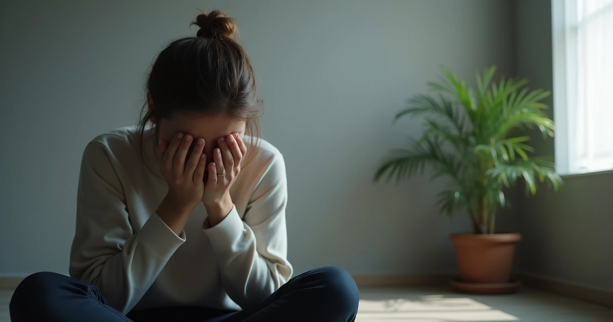 Pessoa cobrindo o rosto com as mãos, sentada sozinha em um ambiente silencioso 