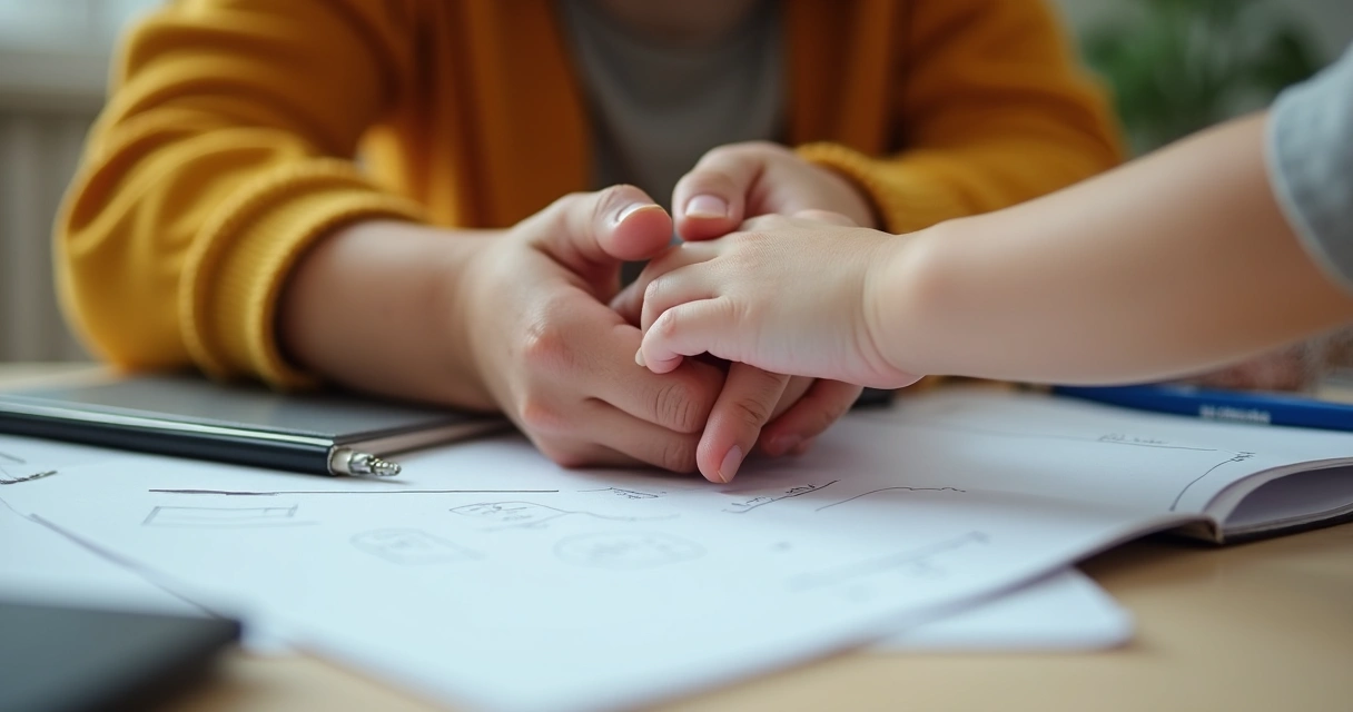 Mãos de adultos segurando as mãos de uma criança em um ambiente de trabalho