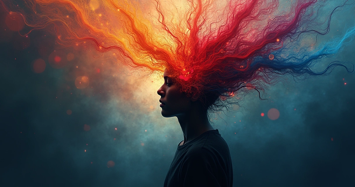Cores abstratas representando emoções ao redor da silhueta de uma pessoa. 