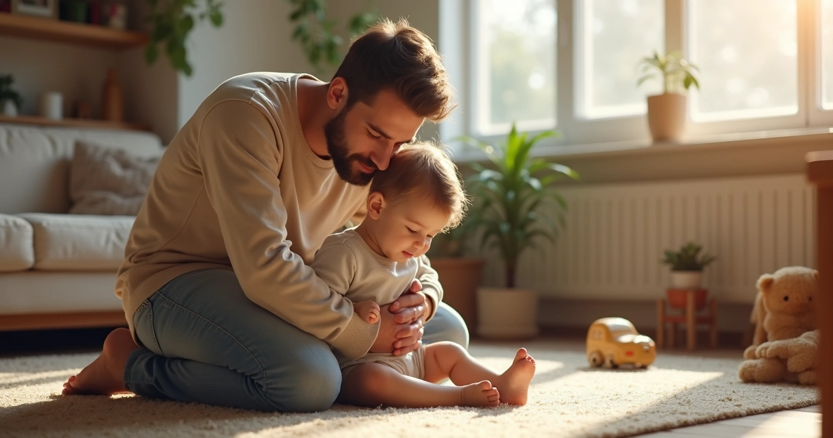 Pai ajoelhado abraçando filho pequeno no chão da sala 