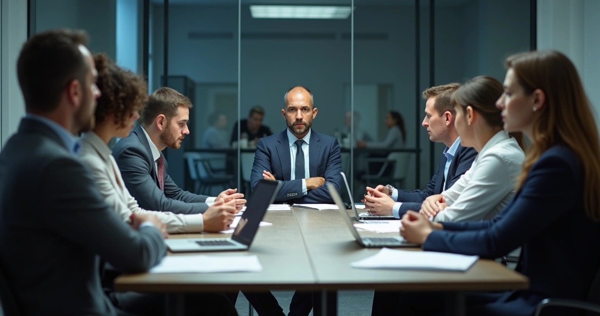 Reunião de equipe ao redor de mesa, expressões tensas e guardadas, atmosfera pesada 