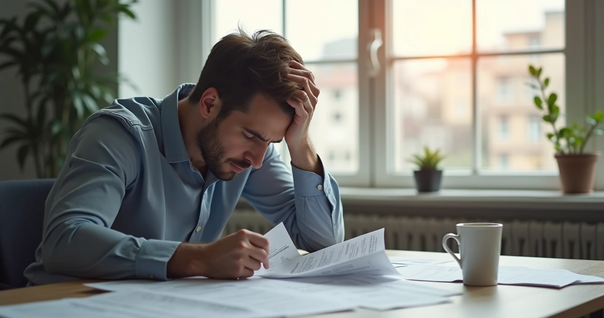 Pessoa pensando preocupada olhando para contas e anotações financeiras na mesa