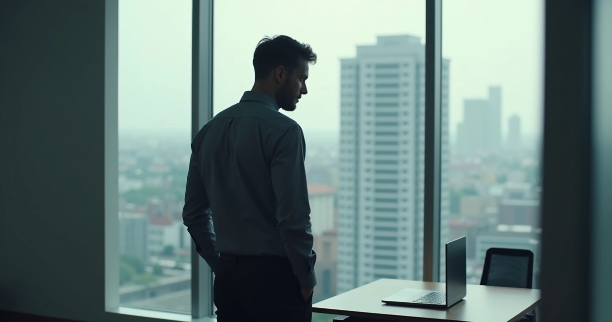 Pessoa sozinha ao lado de janela escritório olhando para baixo 