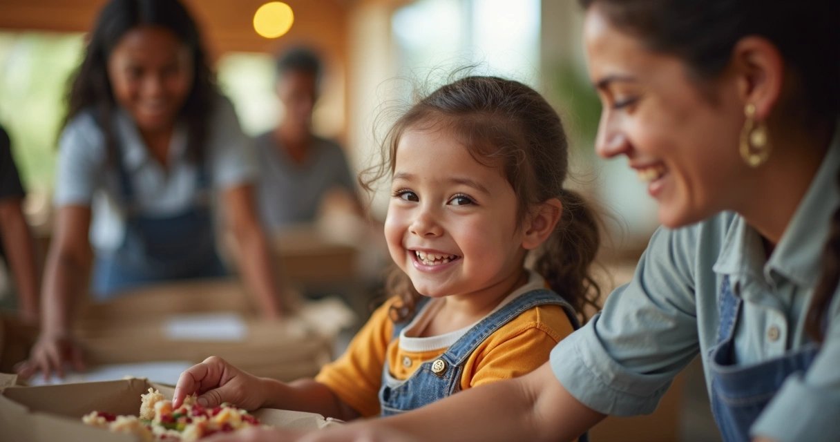 Pessoa sorrindo ajudando criança durante ação de voluntariado 