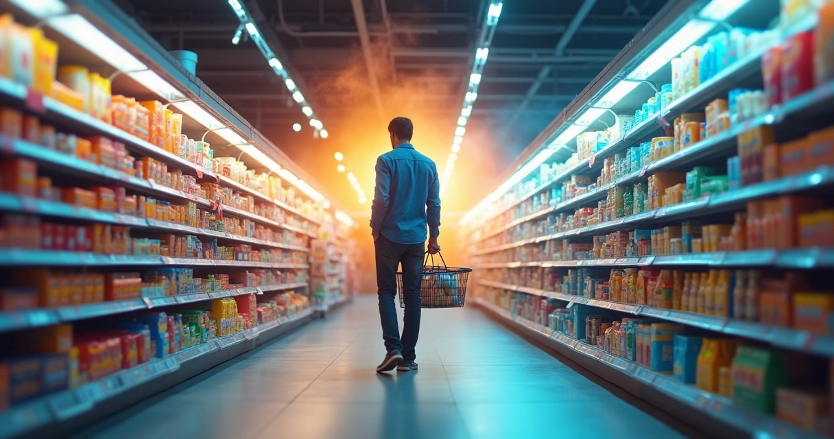 Pessoa em corredor de supermercado cercada por prateleiras e sombras representando emoções inconscientes 