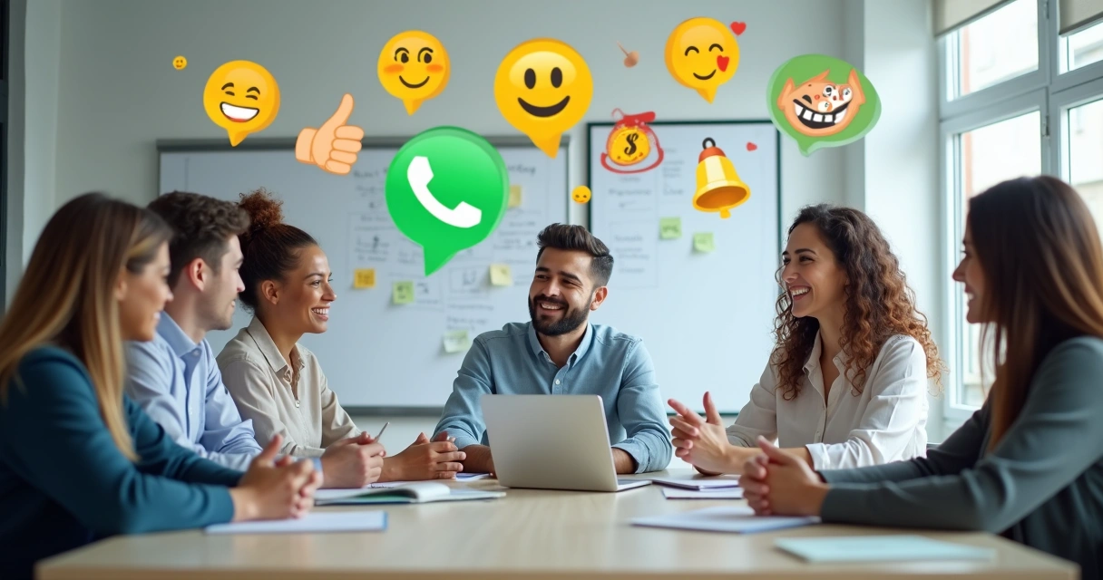 Equipe de atendimento conversando em reunião de brainstorming, emojis coloridos ao redor 