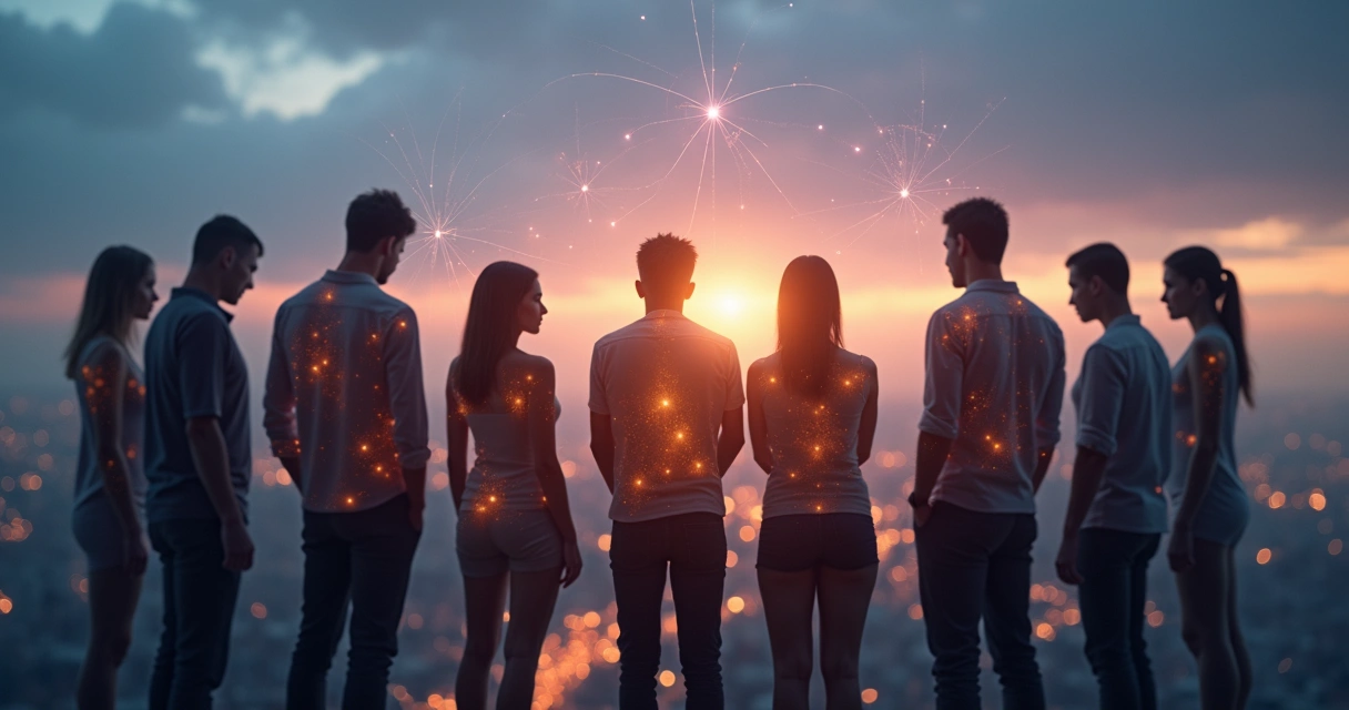 Human silhouettes connected by glowing emotional field over city skyline 