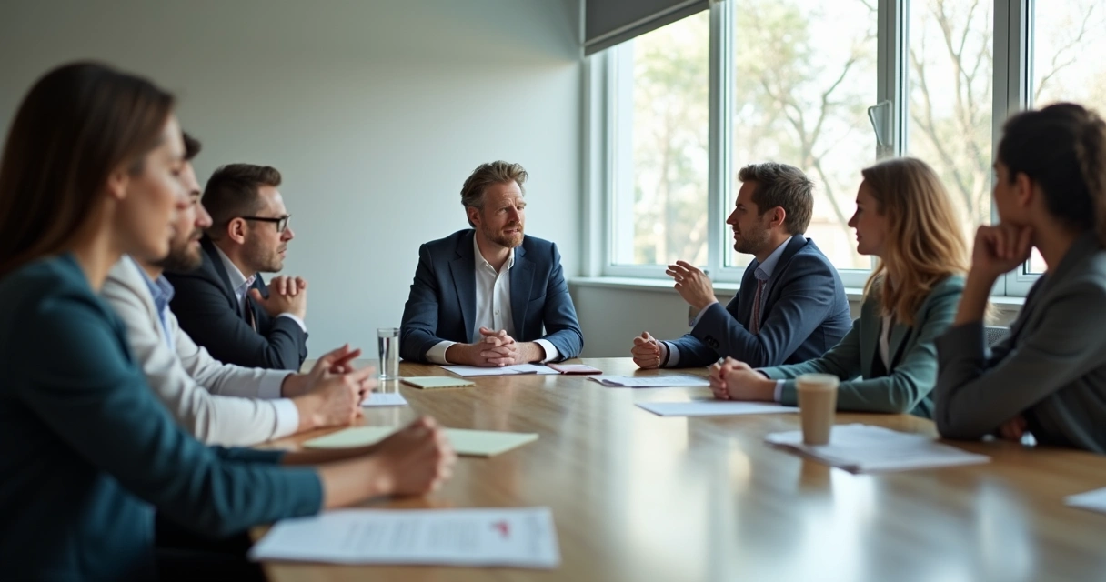 Group of people in a meeting room, tension visible in body language as a chain reaction of emotional responses unfolds around the table 